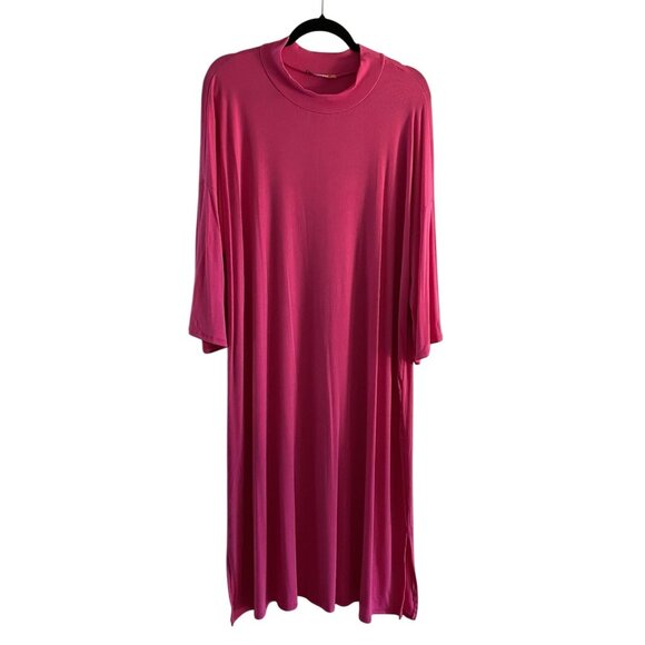 Freckled Poppy Women 2X Pink Ribbed Bell Sleeves Mock Neck Side Slits Midi Dress - Picture 1 of 9